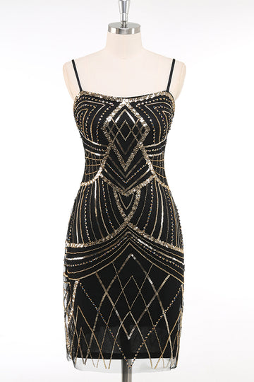 Black Golden Spaghetti Straps Sequins Bodycon Short 1920s Dress